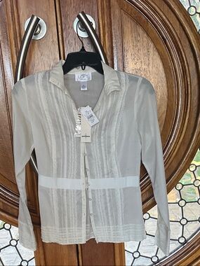 LOFT Sheer Ivory Lace-Trim Button Front Blouse